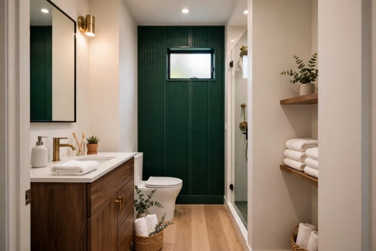 Bold accent wall at the far end of a narrow bathroom