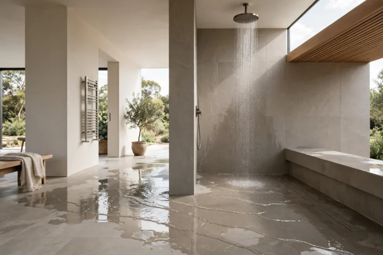 Level wet room floor flowing into a shower area