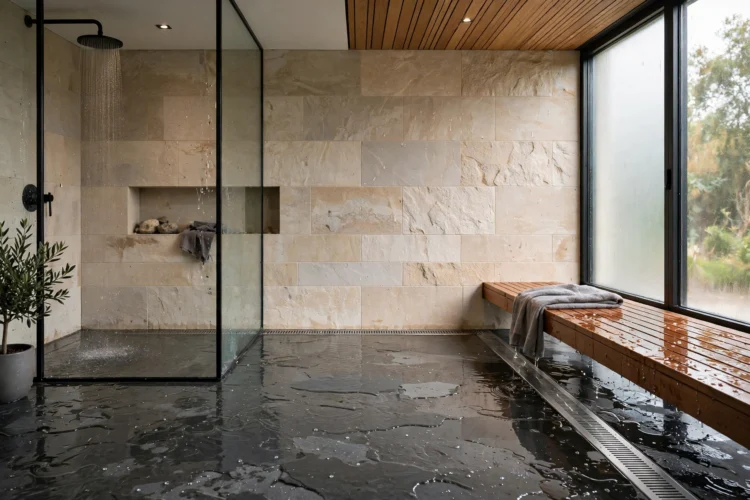 Linear drain set along a wet room wall