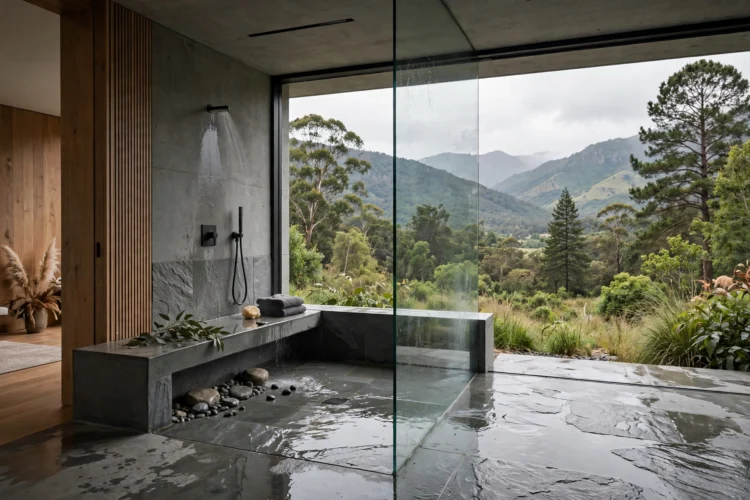 Frameless glass panel in an open wet room