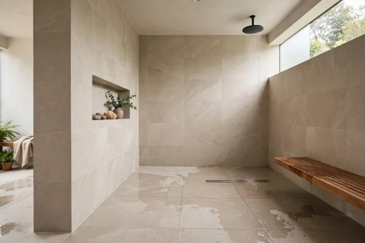 Large format tiles across wet room floor and walls