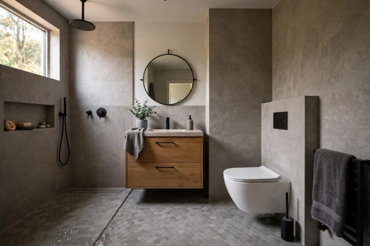 Wall hung toilet and vanity in a wet room