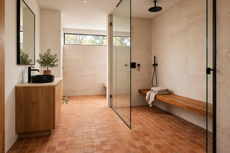 Warm tiled floor in a modern wet room