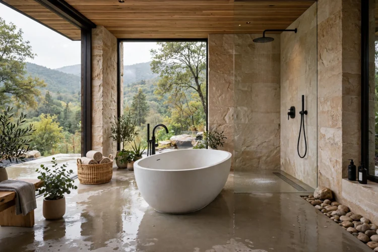 Freestanding tub placed inside a wet room zone