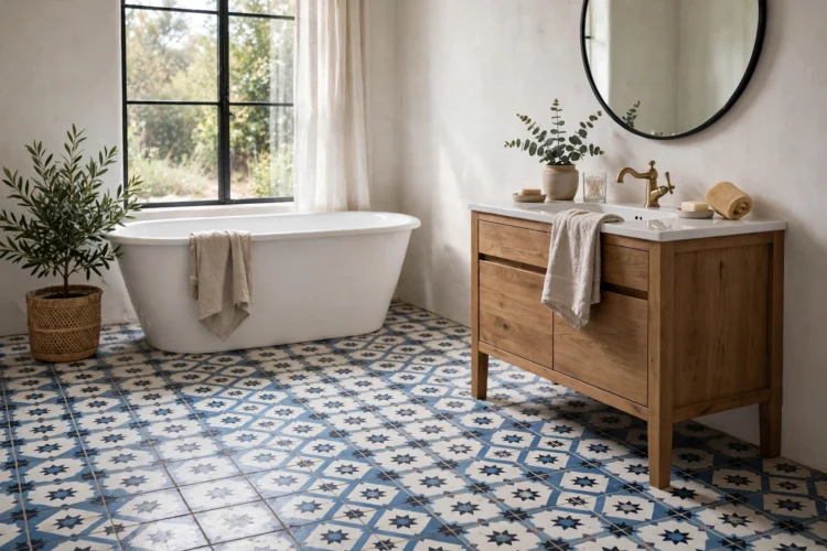 Patterned cement tile floor in a bathroom