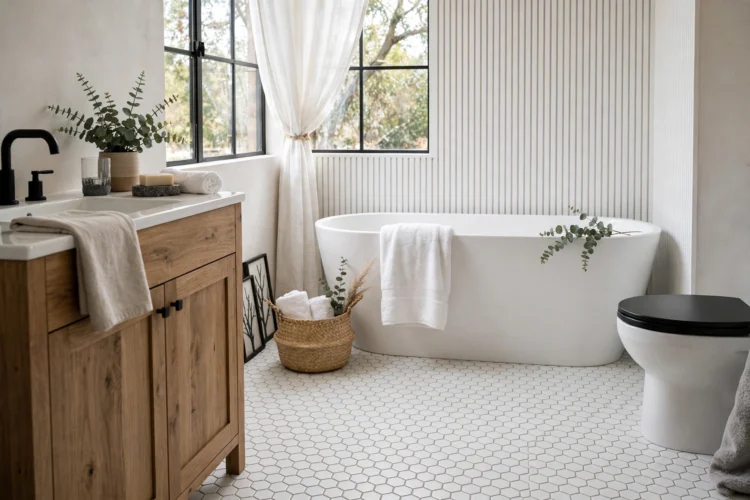 Small white hex tile bathroom floor
