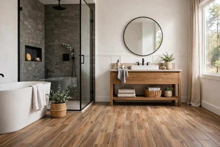 Wood look plank tile floor in a bathroom