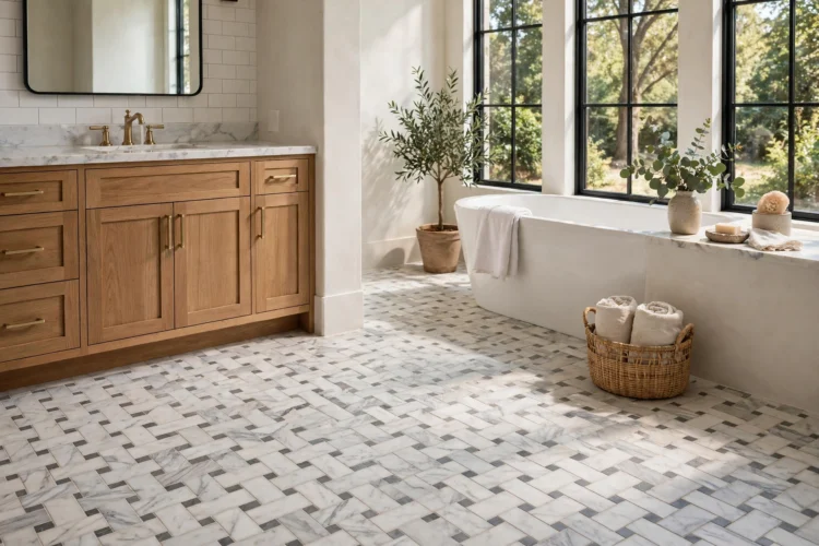 Basketweave marble tile bathroom floor