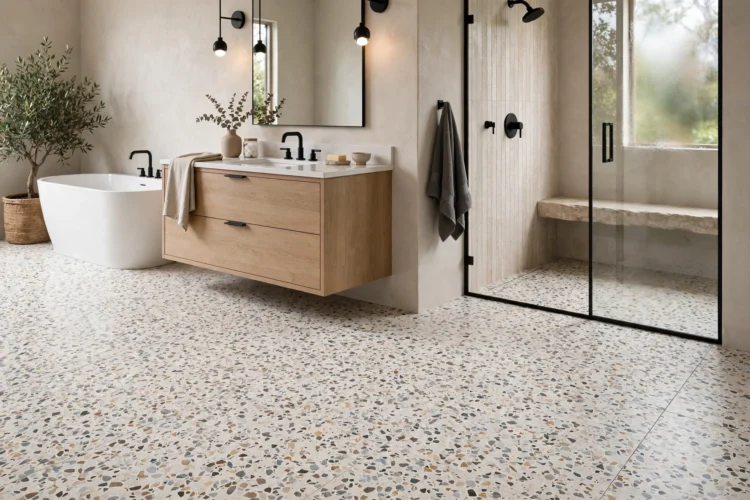 Speckled terrazzo look tile bathroom floor