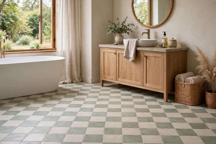 Soft checkerboard tile bathroom floor