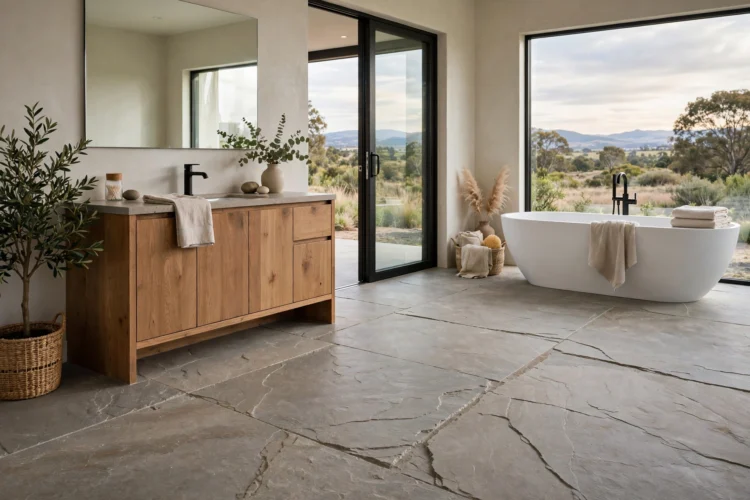 Large stone look slab bathroom floor