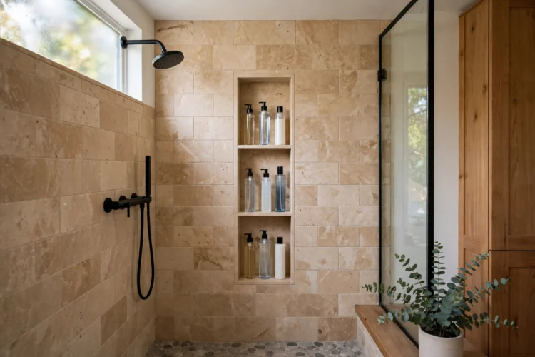 Shower niche sized for tall shampoo bottles