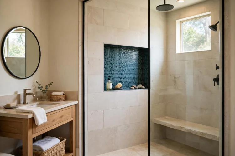 Shower niche with contrasting mosaic tile back