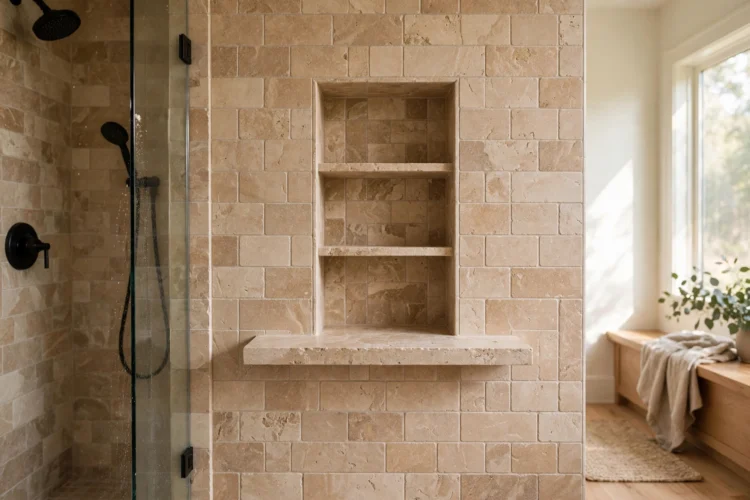 Tiled ledge below a shower niche