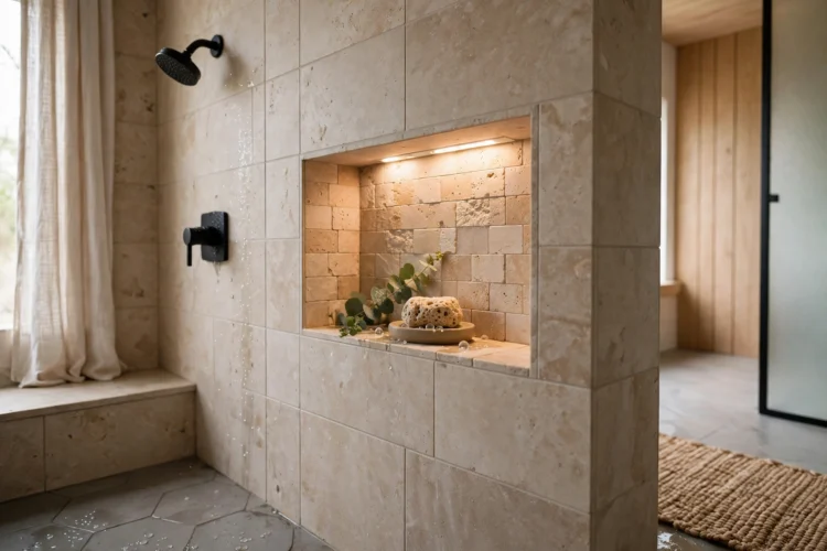 Shower niche lit by a small waterproof LED strip