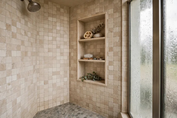 Corner shower niche in a small shower