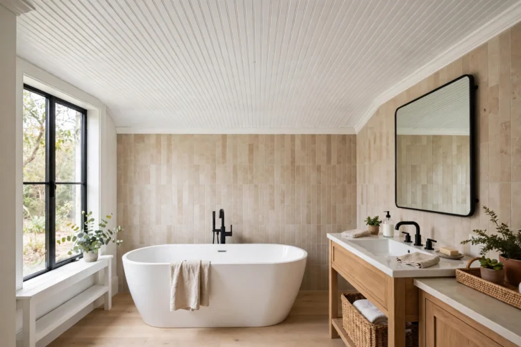 White beadboard ceiling in a bathroom