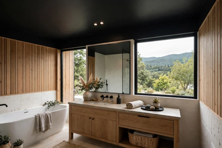 Bold dark painted bathroom ceiling