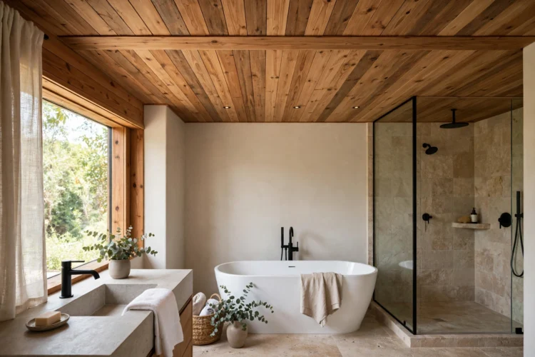 Wood plank ceiling in a bathroom