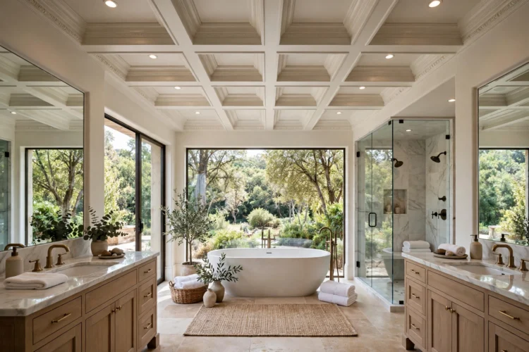 Coffered ceiling in a large bathroom