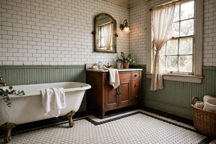 Hex tile floor with black border in a vintage bathroom