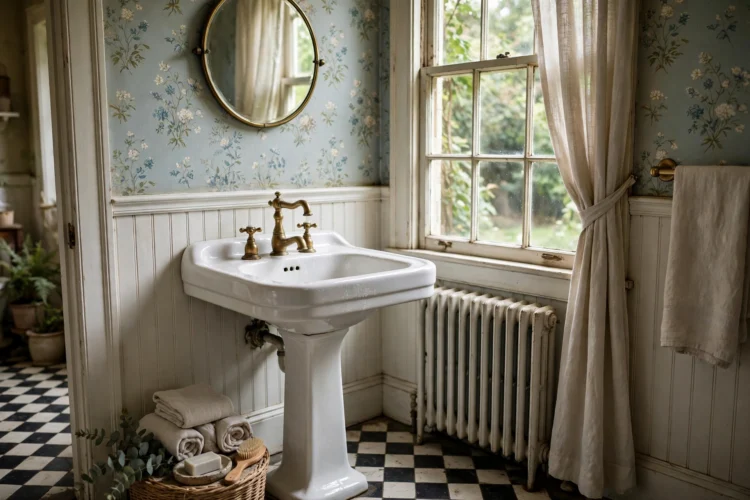 Pedestal sink in a vintage bathroom