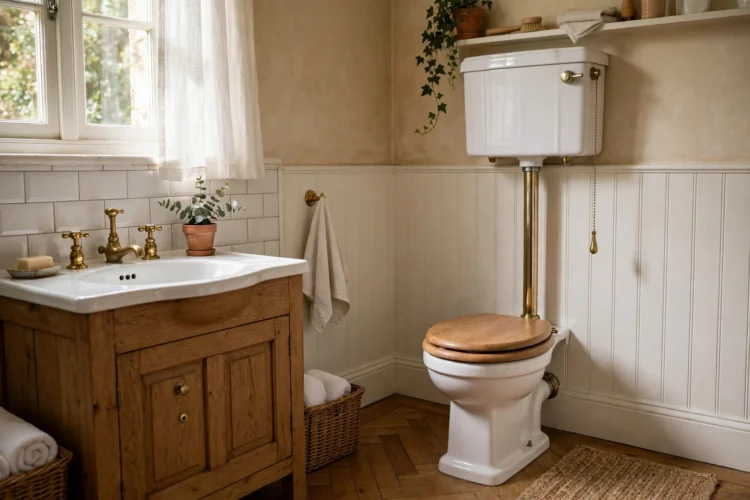 High tank toilet with cross handle taps