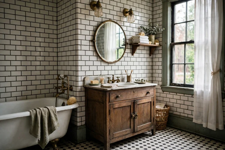 Subway tile with dark grout in a vintage bathroom