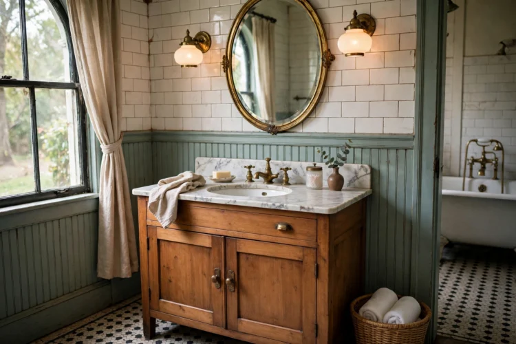 Wood vanity with marble top in a vintage bathroom