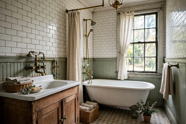 Brass fixtures with soft patina in a vintage bathroom