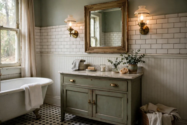 Framed mirror and sconces in a vintage bathroom
