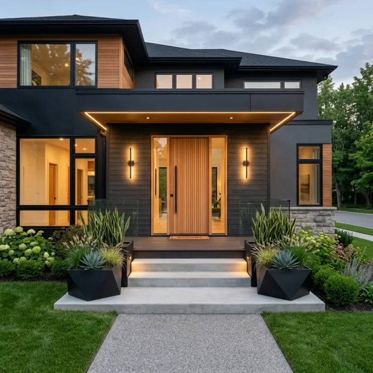Modern front porch design with wood front door and sleek planters